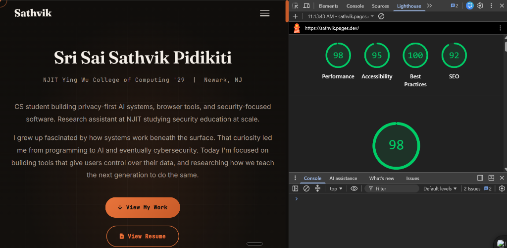 Portfolio Lighthouse Score Screenshot